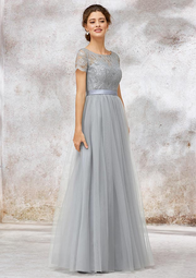 Silver Lace Short Sleeves Maxi Bridesmaid Dress