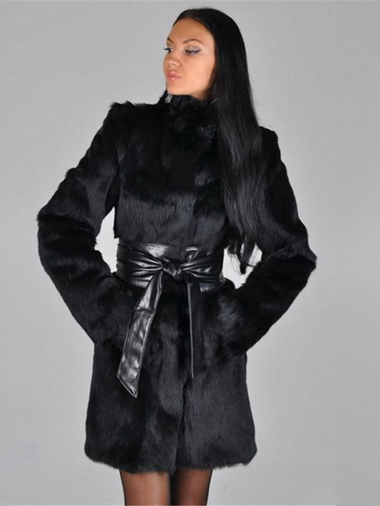 Black Faux Fur Belted Coat