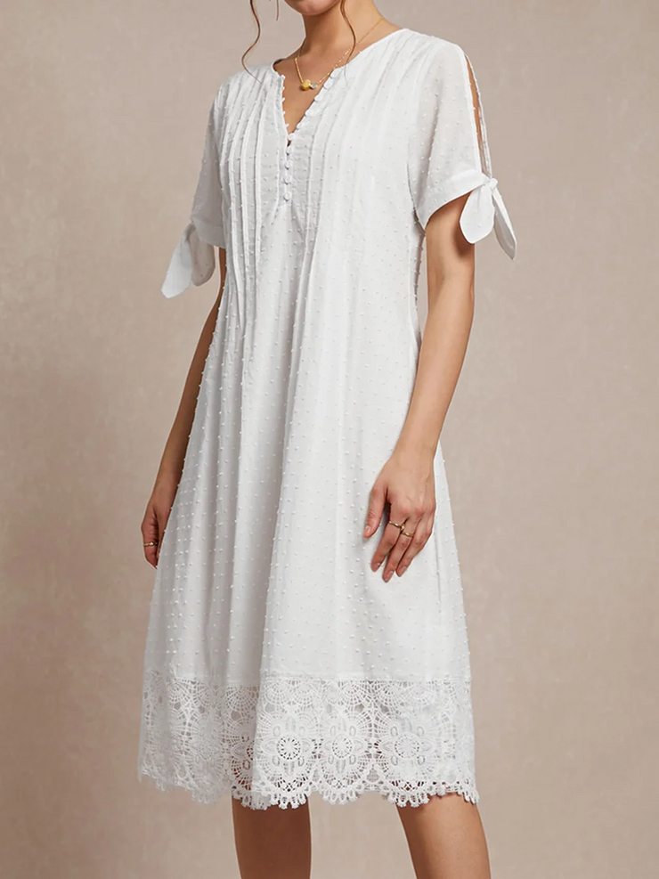 White Plain Short Sleeves Buttoned Casual Dress