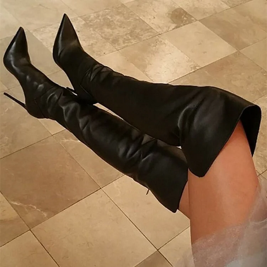 Black Thigh High Heel Stiletto Heel Pointy Toe Boots