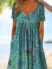 Cyan Boho Casual Short Sleeve Dress