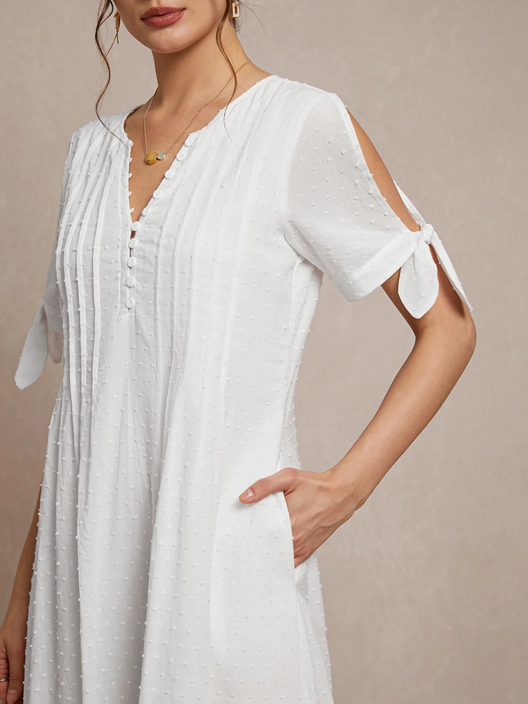 White Plain Short Sleeves Buttoned Casual Dress