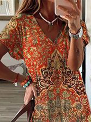 Orange Printed V Neck Short Sleeves Casual Dress