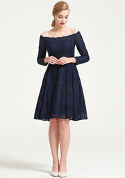 Navy Lace Off-Shoulder Long Sleeves Short Bridesmaid Dress