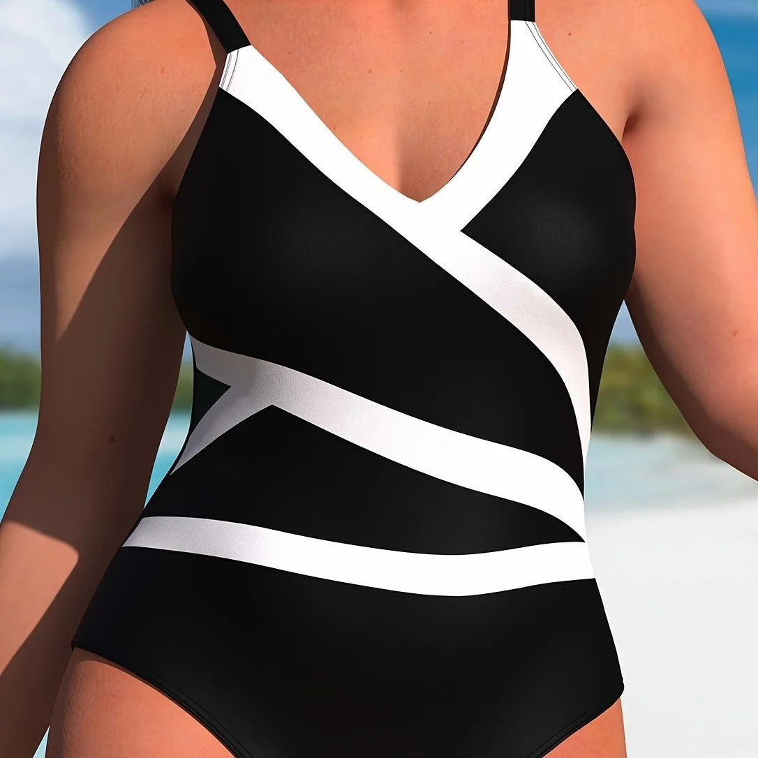 V Neck Open Back One Piece Swimwear