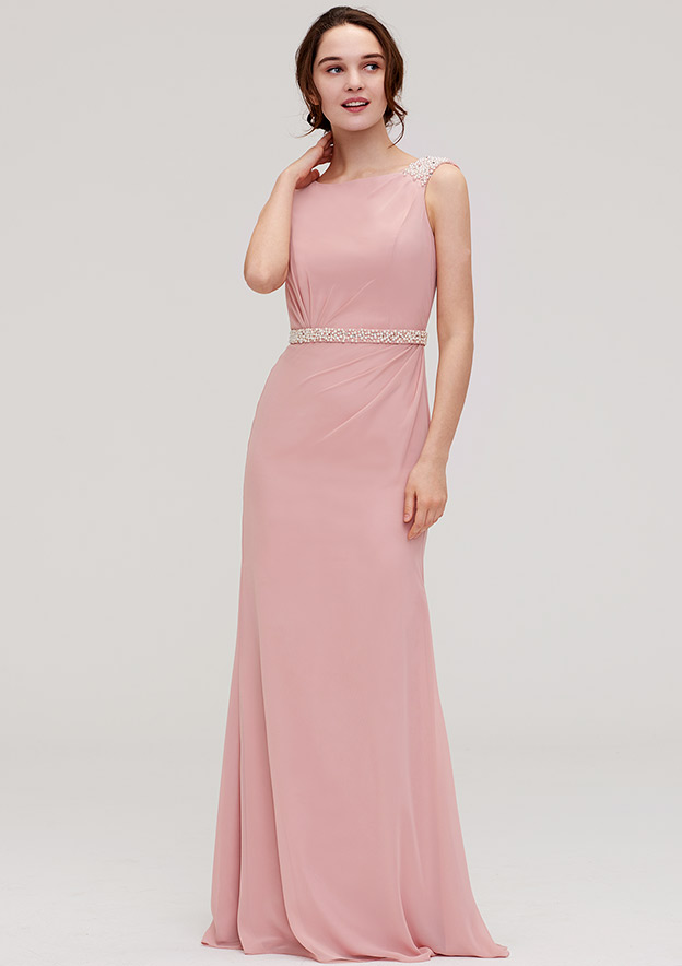 Peach Puff Sleeveless Beaded Maxi Bridesmaid Dress