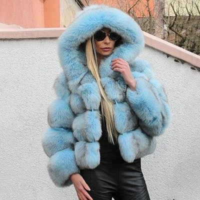 Light Blue Luxury Bubble Faux Fur Hooded Coat