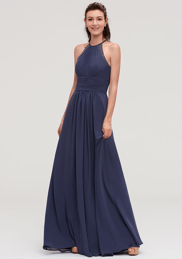 Prettyunik Stunning A-Line Halter Neck Backless Maxi Bridesmaid Dress