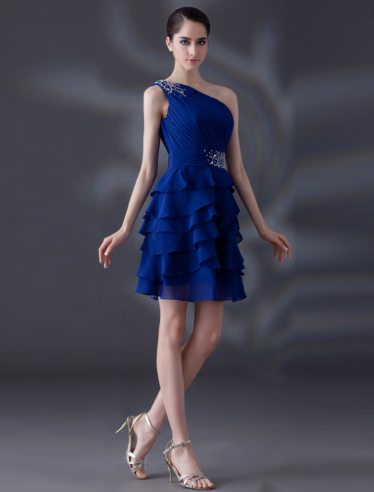 Navy Beaded Oblique Shoulder Sleeveless Ruffle Prom Dress