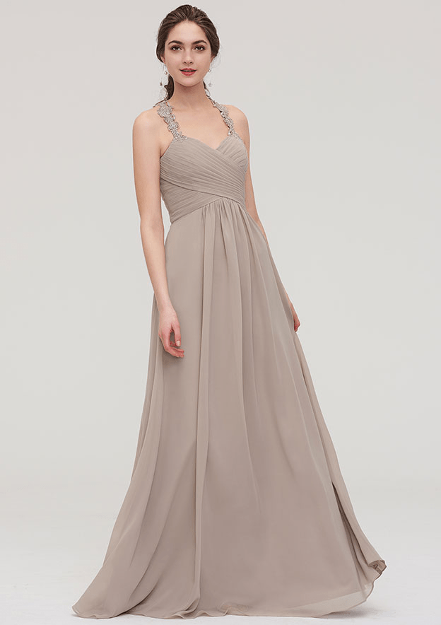 Prettyunik A-Line Wheat Sleeveless Floor-Length Bridesmaid Dress