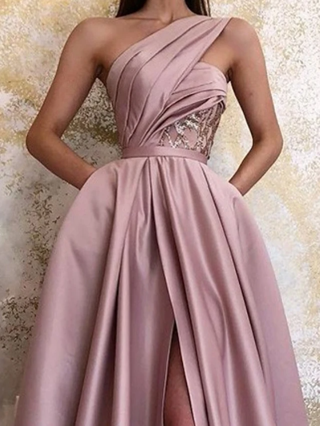 Satin One Shoulder Sleeveless Pleated Split Wedding Dress