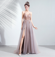 Pink Embroidered V Neck High Slit Prom Dress