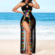 Black High Slit Tribal Print Beach Cover Up