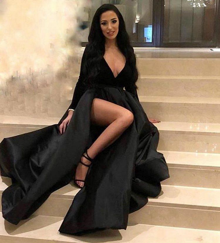 Black Satin Deep V-Neck Long Sleeves Thigh Split Party Dress