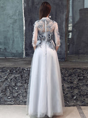 Light Gray Lace Flower Applique Half Sleeves Prom Dress