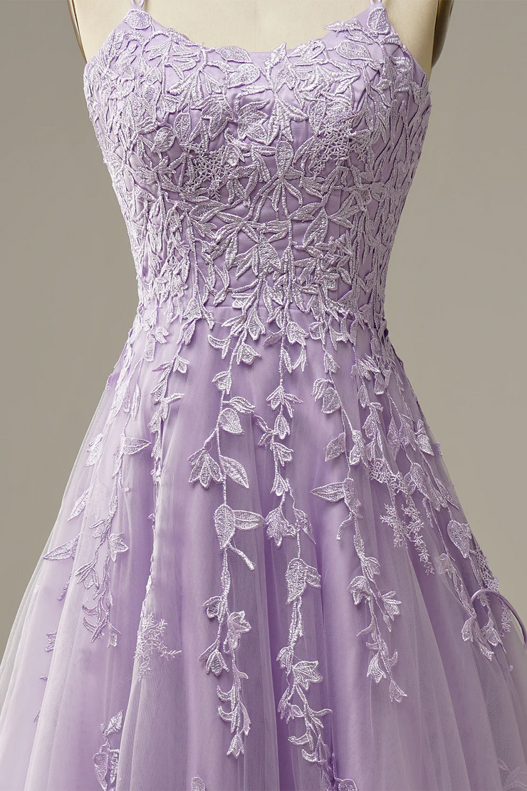 Appliqued Purple Tulle Long Prom Dress