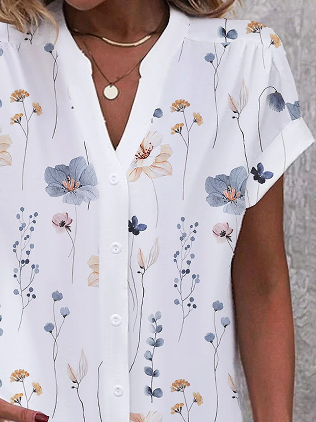 White Floral Printed Button Front Loose Top