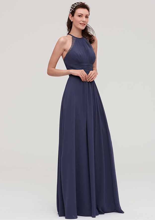 Prettyunik Stunning A-Line Halter Neck Backless Maxi Bridesmaid Dress