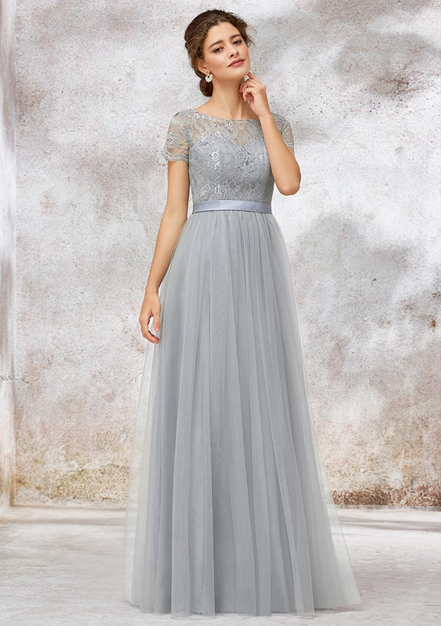 Silver Lace Short Sleeves Maxi Bridesmaid Dress