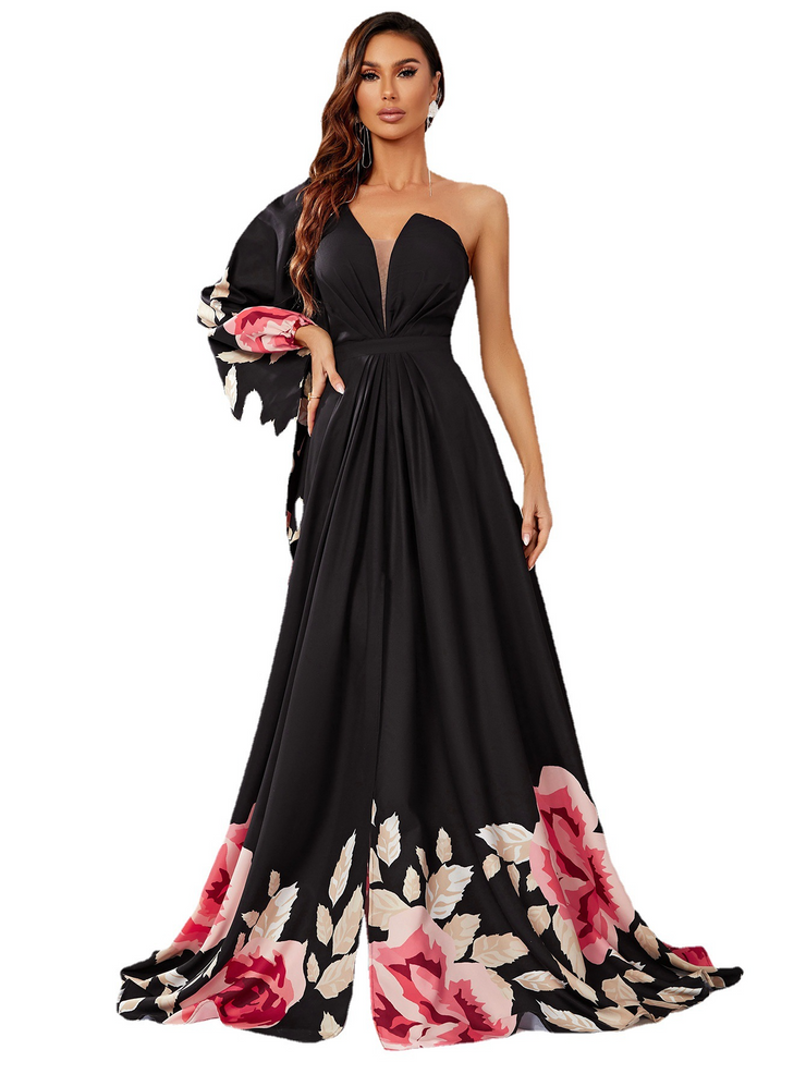 One Sleeve Floral Printed Long Slit Evening Dress