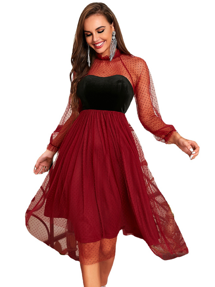 Mesh Polka Dot Full Sleeves Short Evening Dress