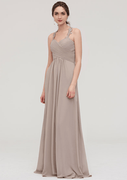 Prettyunik A-Line Wheat Sleeveless Floor-Length Bridesmaid Dress