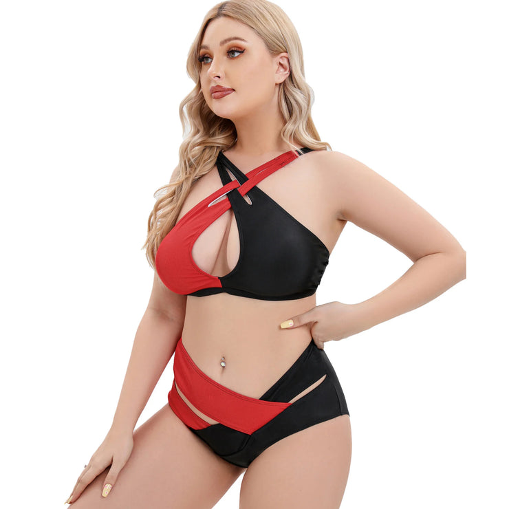 High Waist Contrast Cross Strap Bikini Set