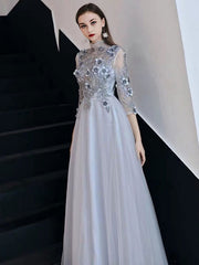 Light Gray Lace Flower Applique Half Sleeves Prom Dress