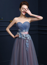 Steel Blue A-Line Applique Strapless Sleeves Prom Dress