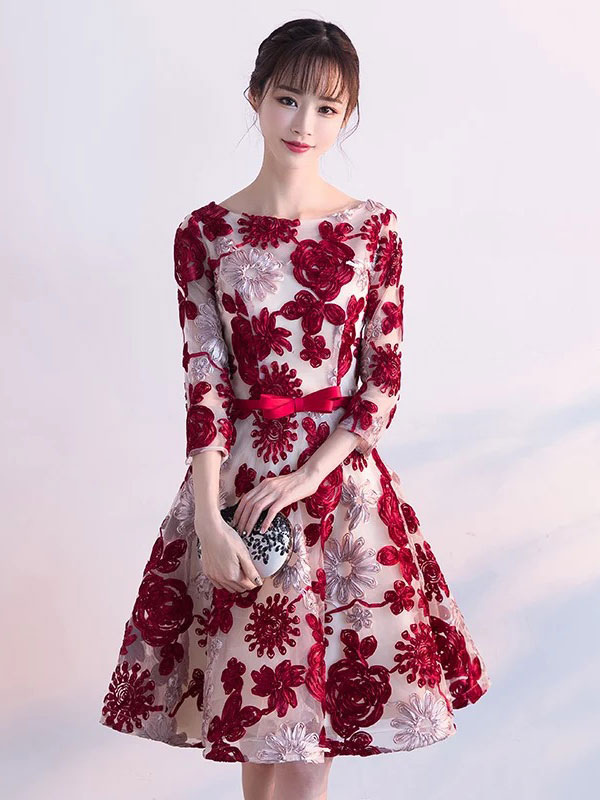 Satin Floral Embroidered Long Sleeves Prom Dress