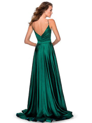 Dark Green Satin V-Neck Backless Split Bridesmaid Dress