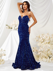 Sequin Strapless Long Mermaid Prom Dress