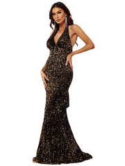 Halter Neck Sequined Backless Long Prom Dress