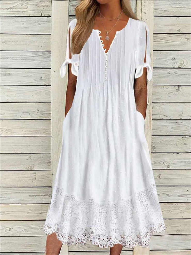 White Plain Short Sleeves Buttoned Casual Dress