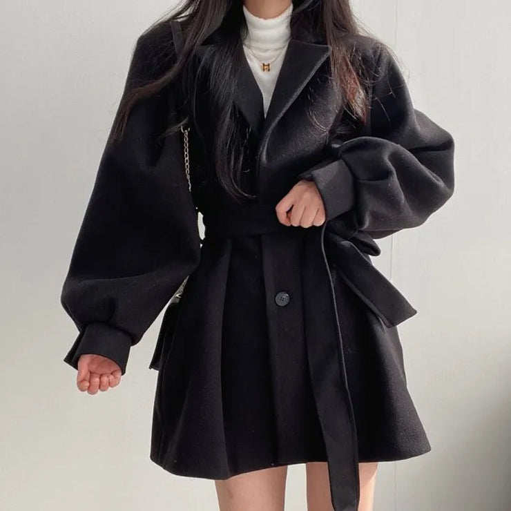 Puff Sleeve Belted Woolen Coat