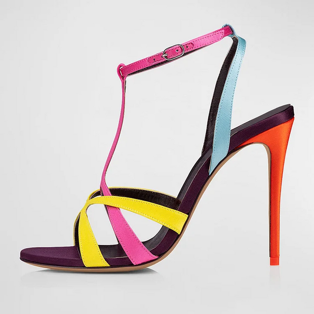 Stylish Multicolor Open Toe T-Strap Stiletto Heels