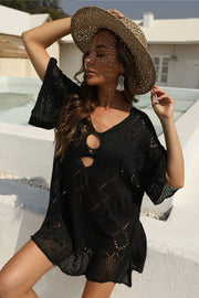 Black Crochet Cut Out Hollow Out Lace-up Back Cover Up Beach Dress