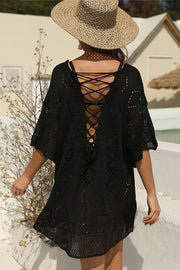 Black Crochet Cut Out Hollow Out Lace-up Back Cover Up Beach Dress