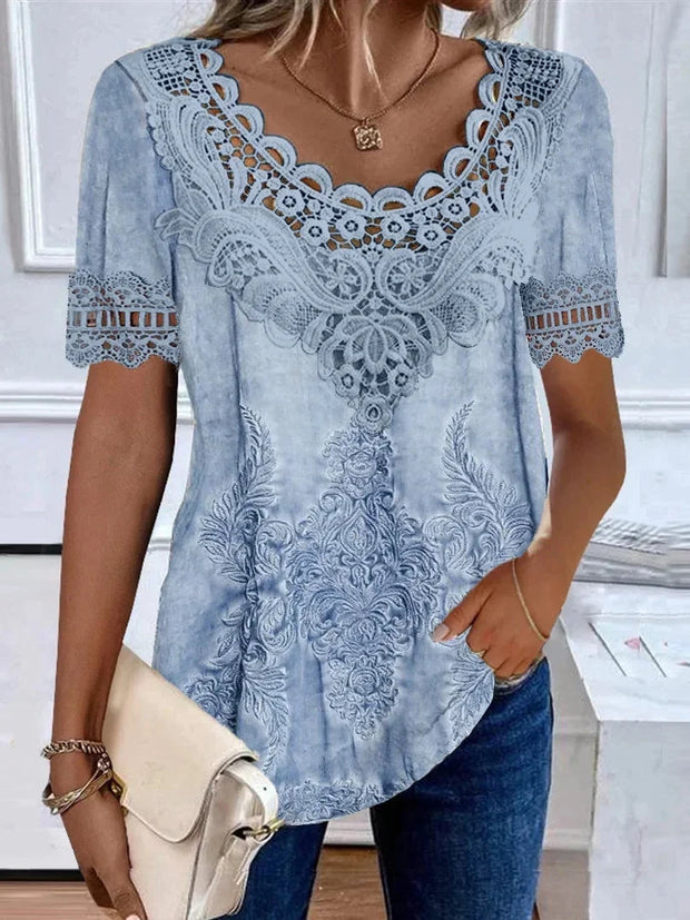 Women's Lace Collar Short Sleeve Blouse Top