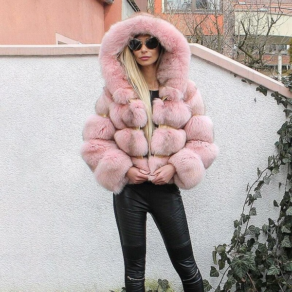 Faux Fur Long Sleeves Hooded Coat