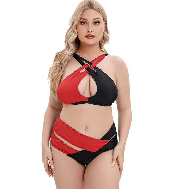 High Waist Contrast Cross Strap Bikini Set