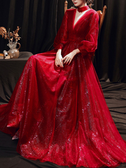 Dark Red Deep V Neck Long Puff Sleeves Prom Dress