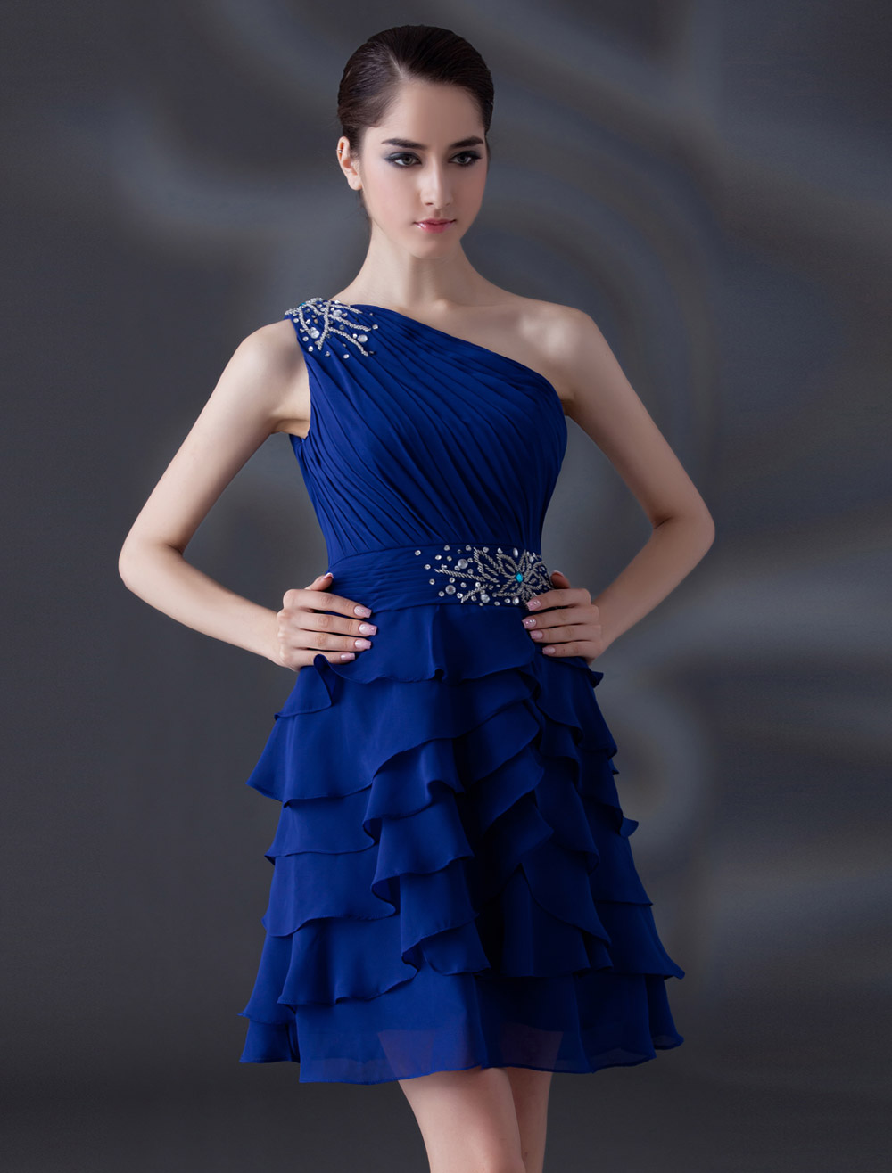 Navy Beaded Oblique Shoulder Sleeveless Ruffle Prom Dress