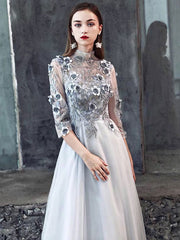 Light Gray Lace Flower Applique Half Sleeves Prom Dress