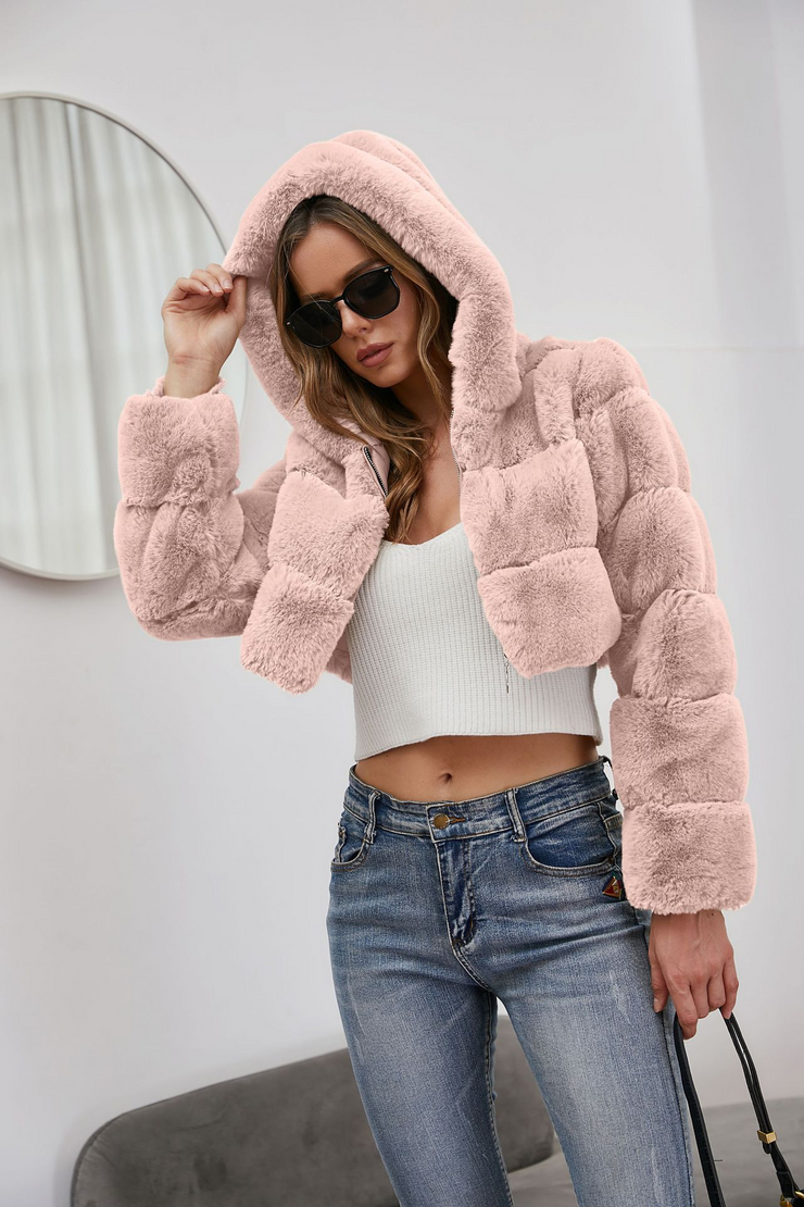 Faux Fur Hooded Zipper Coat