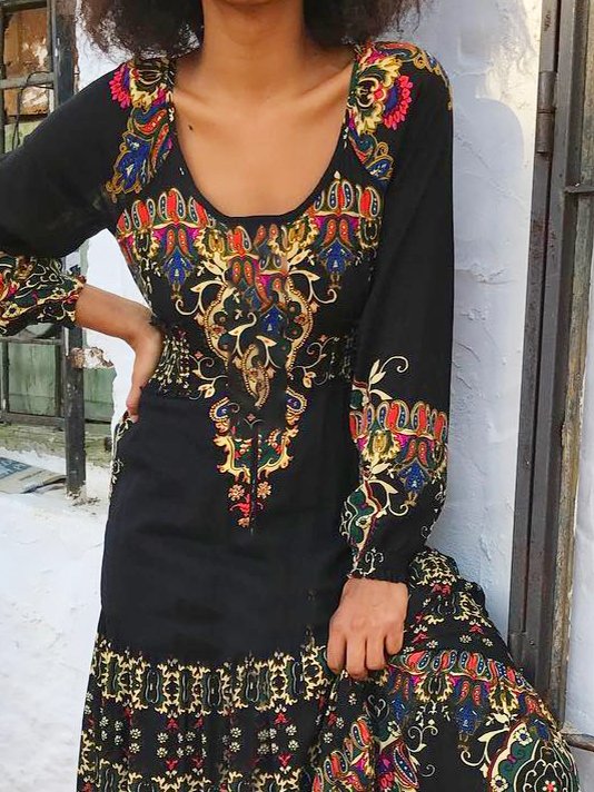 Boho U-Neck Cotton Long Sleeve Blends Knitting Dress