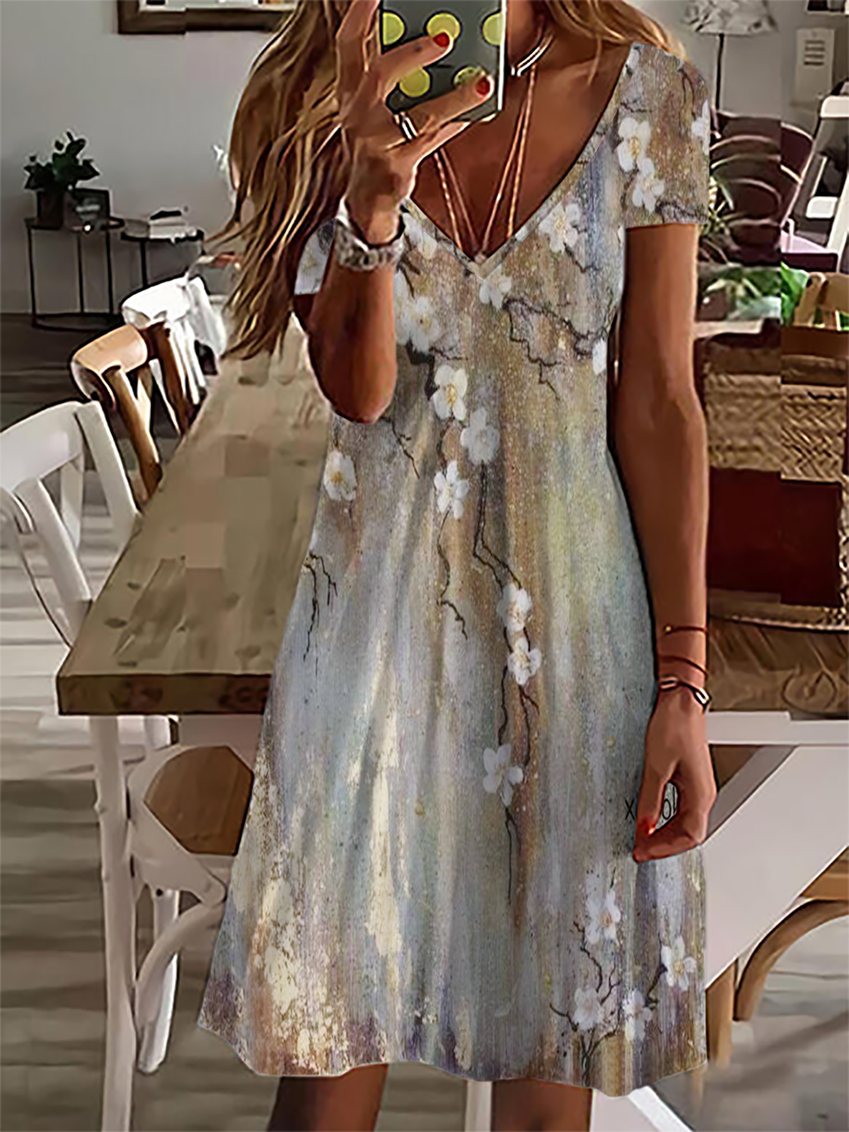 Floral Printed Deep V Neck Short Sleeves Dress