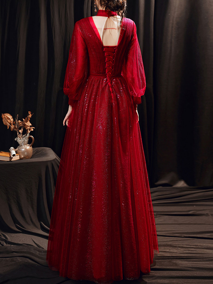 Dark Red Deep V Neck Long Puff Sleeves Prom Dress