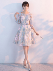 Satin Floral Embroidered Long Sleeves Prom Dress