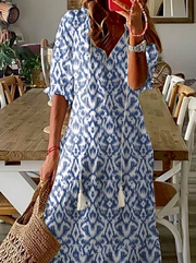 Blue Printed Half Sleeves Maxi Dress